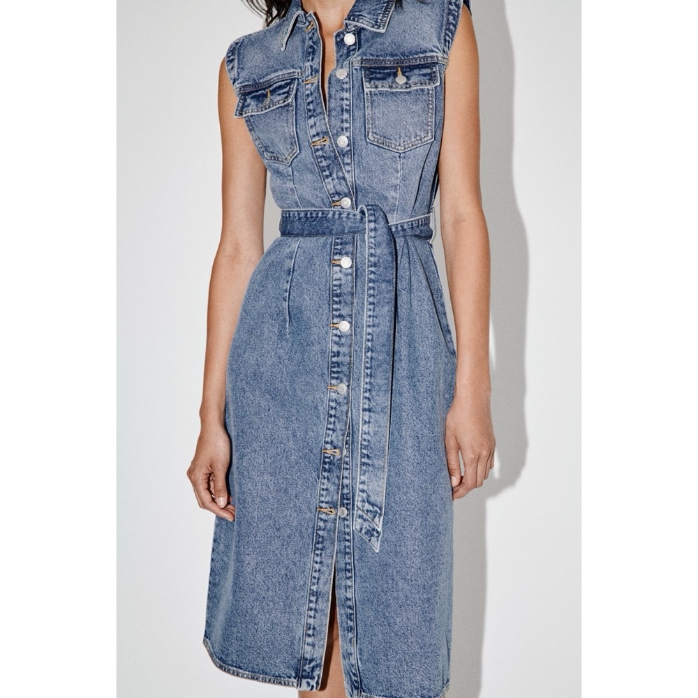 ZARA Denim Midi Button-Down Dress with Tie Waist NWOT